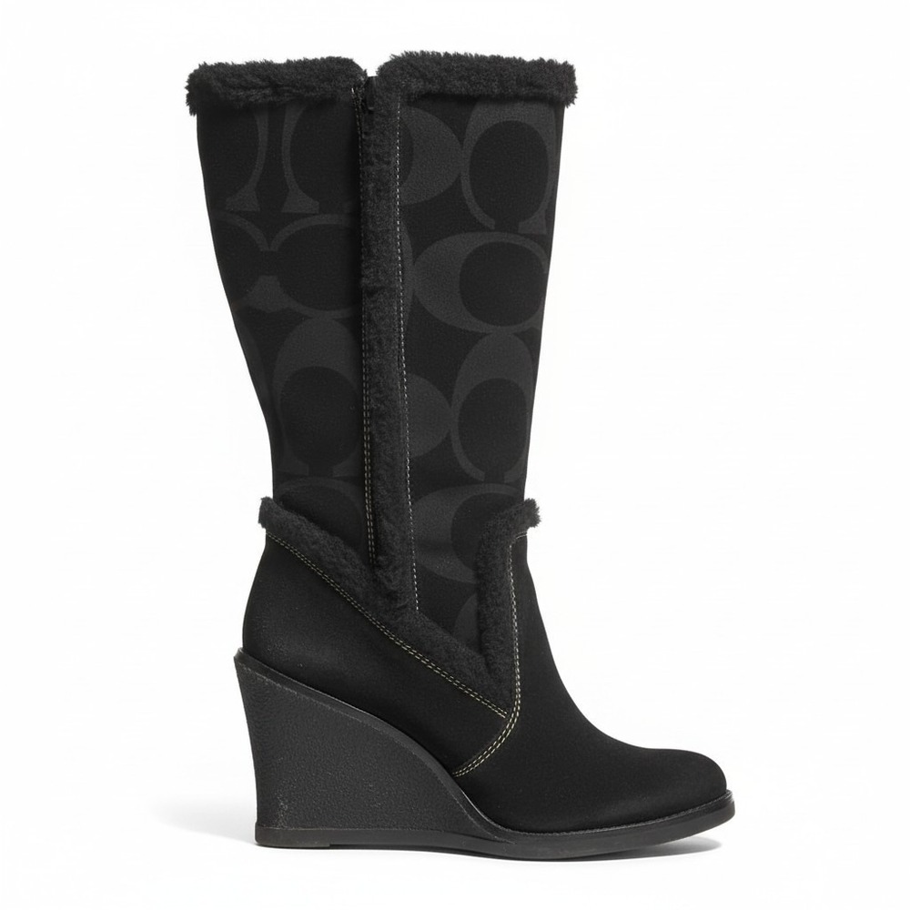 COACH signature Jordana Black suede shearling trim wedge boots size 8